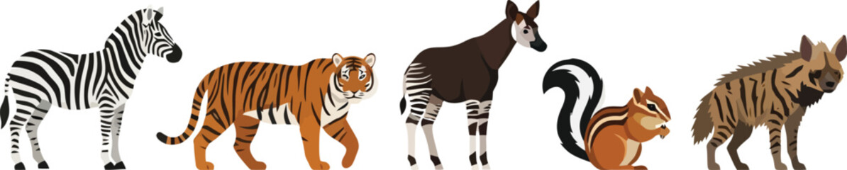 Fototapeta premium A collection of various wild animals including a zebra tiger okapi chipmunk and hyena.