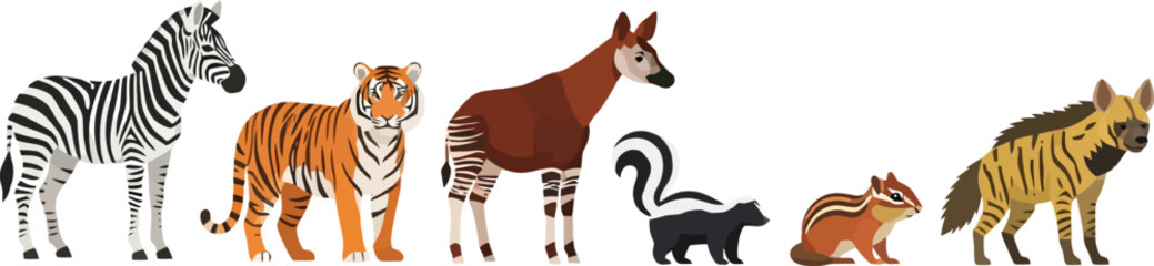 Fototapeta premium A diverse collection of various wild animals standing in a horizontal line.
