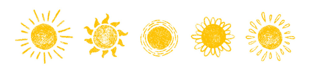 Fototapeta na wymiar Crayon drawn yellow naive sun icons. Cute kid drawing. Crayon pencil doodle sun. Hand drawing chalk scribble for kindergarten design, childish banner. Vector illustration isolated on white background.