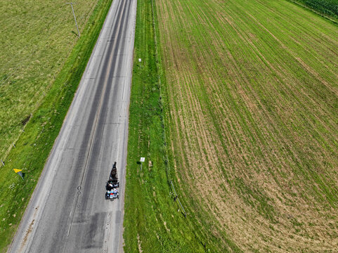 Aerial view of horse and buggy on country road