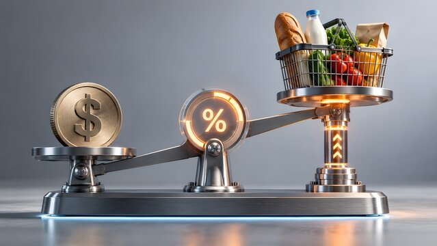 Futuristic metal scale balancing a large gold dollar coin and a shopping basket full of groceries with a glowing percentage symbol representing inflation and food prices.