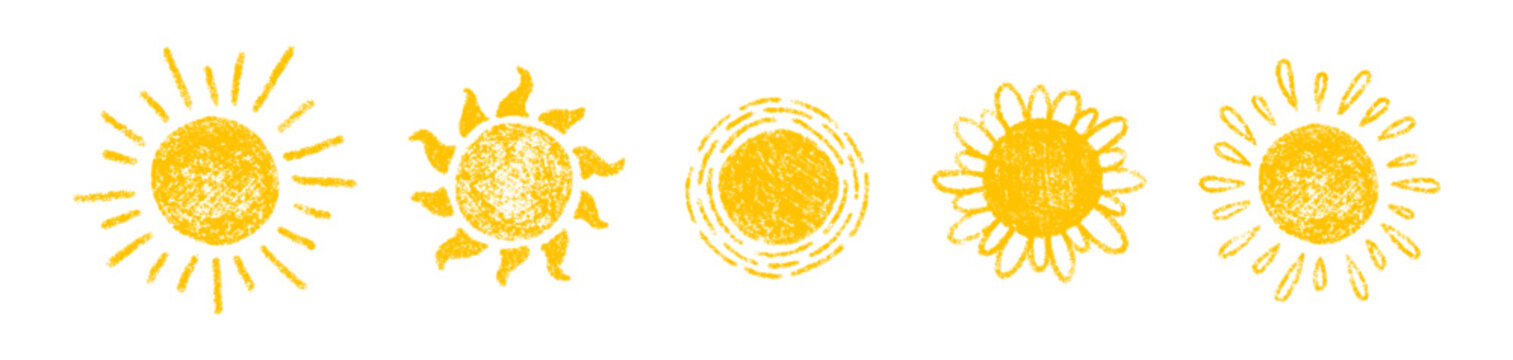 Crayon drawn yellow naive sun icons. Cute kid drawing. Crayon pencil doodle sun. Hand drawing chalk scribble for kindergarten design, childish banner. Vector illustration isolated on white background.