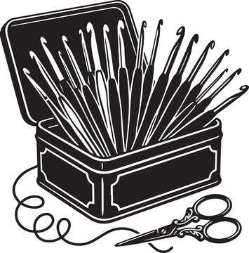 Vintage style crochet hook kit in metal tin with embroidery scissors and thread for hobbyist needlework and crafting projects.