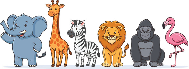 Fototapeta premium A collection of cute cartoon zoo animals standing in a row.