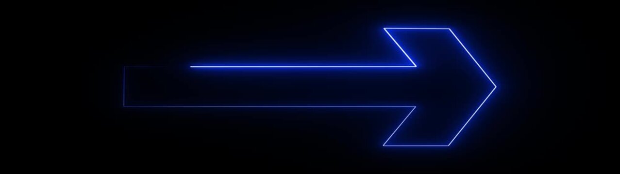 Neon colors arrow pointing right, glowing electric light pointer on black background, futuristic digital navigation symbol for motion graphics