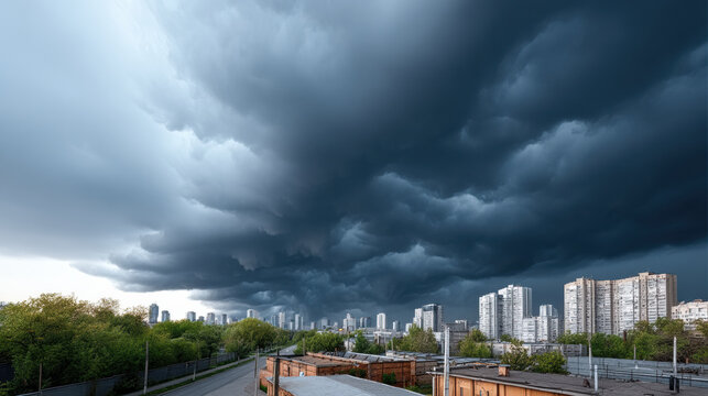 Dramatic storm cloud over modern cityscape, high rise building, green tree, urban skyline, moody atmosphere, impending rain