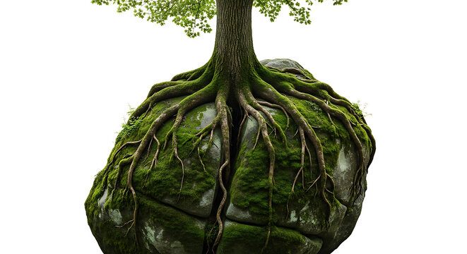 moss covered tree growing directly out of a mossy rock