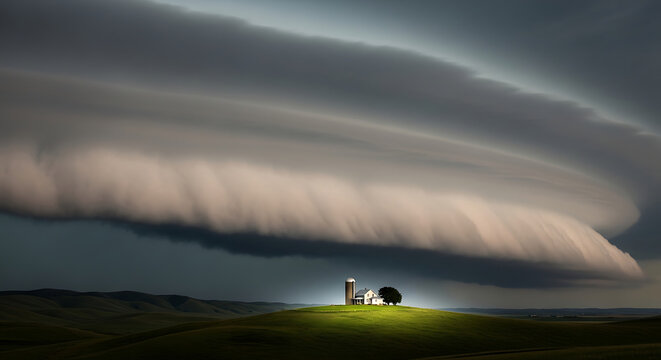 Dark Menacing Shelf Cloud Rolling Over Hilltop Farm House