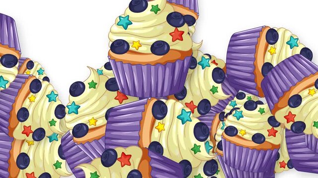 Animated Burst of Colorful Cupcakes with Blueberries and Star Sprinkles