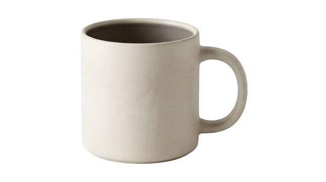 Minimalist ceramic coffee mug with a matte off white finish isolated on a white background