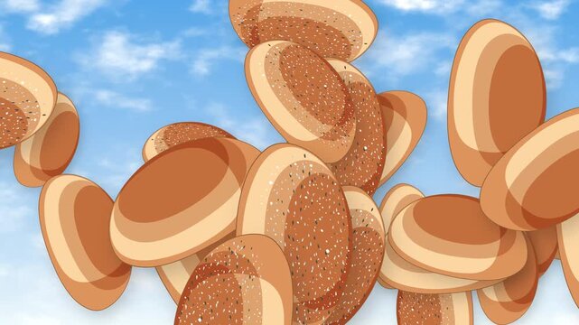Animation of Sesame Seed Burger Buns Falling Through Blue Sky
