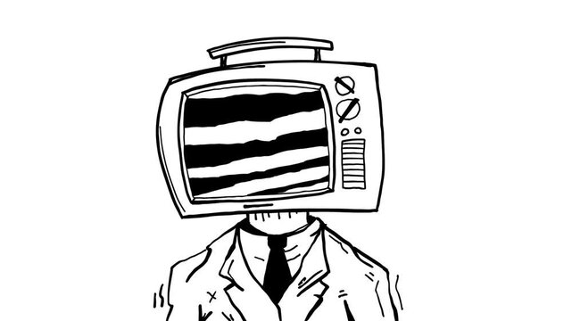 Surreal animation of a man in a suit with a vintage television instead of a head, showing static noise. Concept of media, communication, technology, information overload and digital distraction.