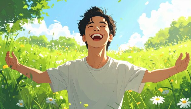 Young man laughing with open arms in a sunny nature meadow for haha laughter therapy