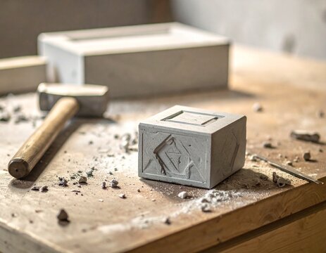 Stone Carving with Geometric Relief Pattern and Chisel