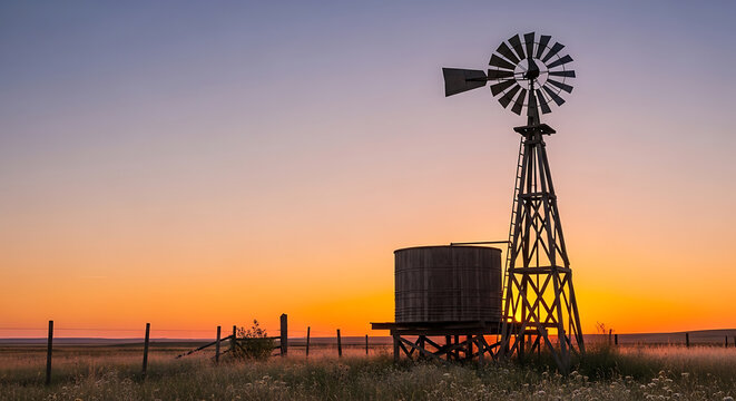 rural farmland sunrise with old wooden windmill and water tank