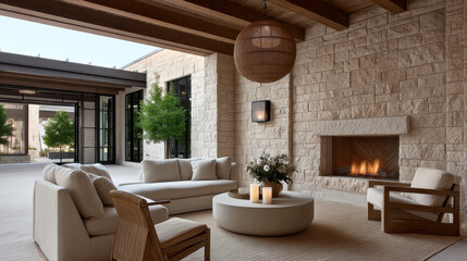 Obraz premium Modern outdoor living area with stone wall, cozy fireplace, white sofa, armchair, round coffee table, and natural wood ceiling, creating warm
