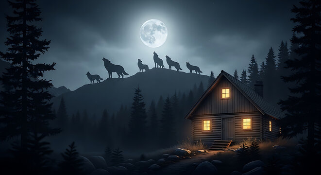 wooden cabin in forest with wolves howling at moon