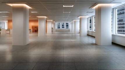 Obraz premium Large empty office space with modern design, white columns, tiled floor, bright lighting, and city view through large windows, feeling spacious
