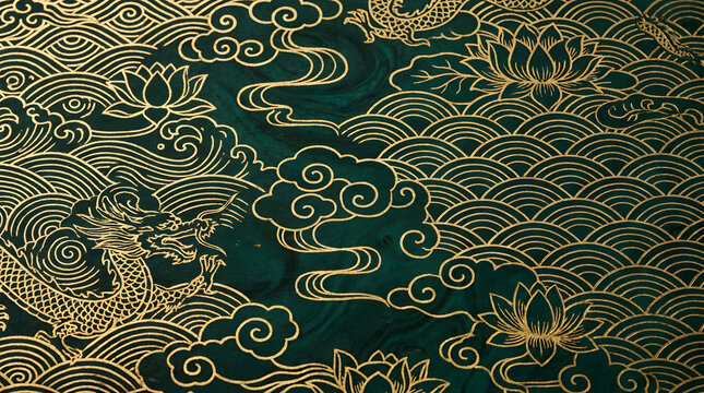 Chinese traditional background with golden dragon line art and emerald green wave pattern