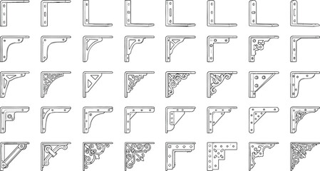Vector set of vintage and modern shelf brackets corner braces and decorative corbel supports for home hardware © Shapla