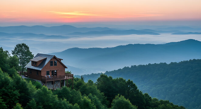 wooden cabin in forest with misty valley view