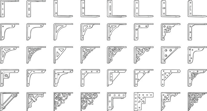 Vector set of vintage and modern shelf brackets corner braces and decorative corbel supports for home hardware