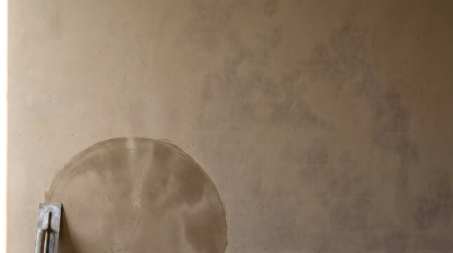 A steel trowel smoothing wet brown plaster on a residential wall with wall construction home renovation building construction interior design construction work surface finishi