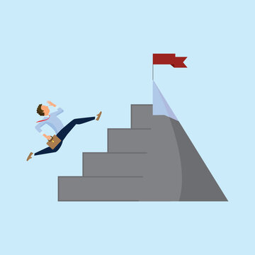 Flat Vector Businessman Running Up Stairs to Reach Success Flag.

