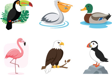 Fototapeta premium A collection of six colorful cartoon birds including a toucan pelican duck flamingo eagle and puffin.