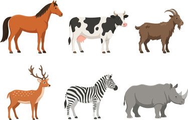 Fototapeta premium A collection of six different animal species including a horse cow goat deer zebra and rhinoceros.