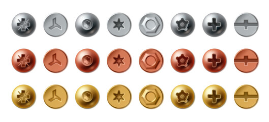 Obraz premium Realistic bolt heads and metal screws isolated on white background. 3d vector illustration of shiny steel, gold and brass fasteners with round hats, top view hardware icons for industrial design