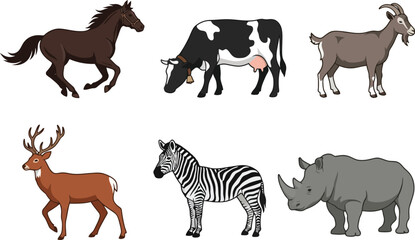 Fototapeta premium A collection of six diverse animal illustrations featuring a horse cow goat deer zebra and rhinoceros.