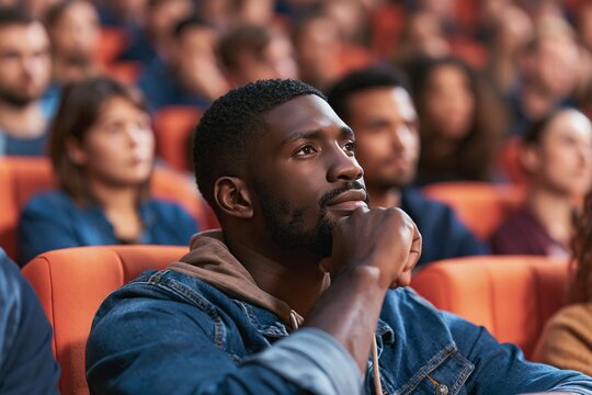 Thoughtful black man sitting in an audience watching a presentation or performance intently
