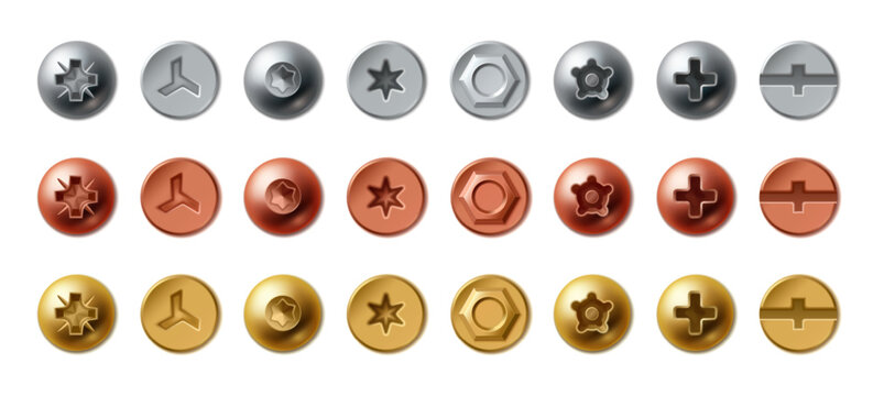 Realistic bolt heads and metal screws isolated on white background. 3d vector illustration of shiny steel, gold and brass fasteners with round hats, top view hardware icons for industrial design