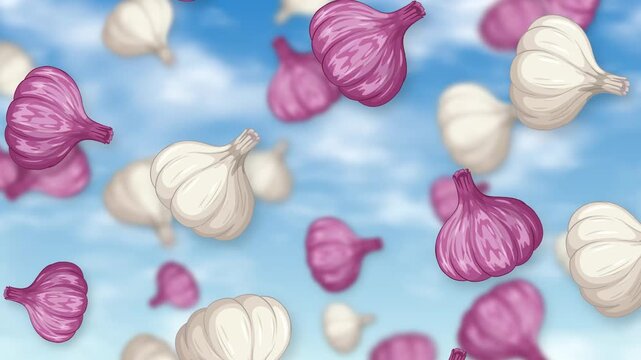 Animation of White and Purple Garlic Bulbs Falling Against Blue Sky