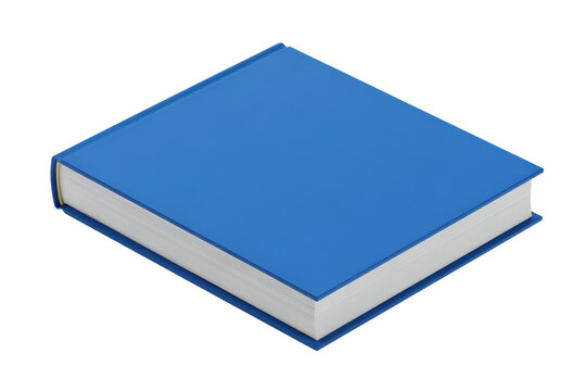 A single closed hardcover book with a bright blue cover and white pages isolated on a transparent background