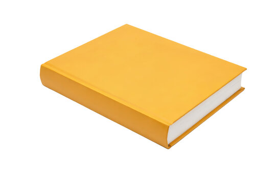 A single closed book with a plain yellow hardcover binding and white pages isolated on a transparent background