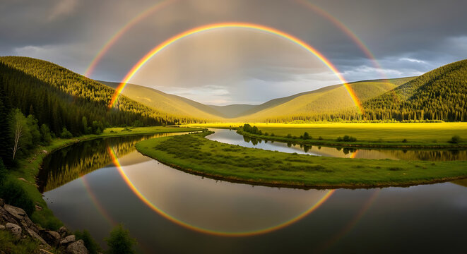 rainbow over valley with winding river and reflection