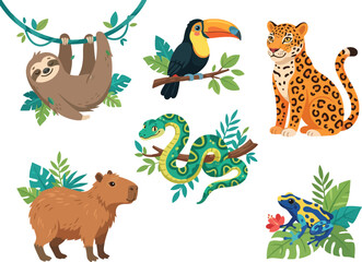 Naklejka premium A collection of hand drawn jungle animals including a sloth toucan leopard snake capybara and frog.