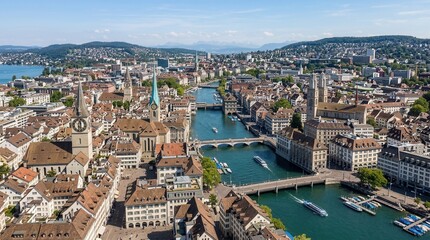 Obraz premium Panoramic Aerial View of Zurich Skyline with Limmat River and Iconic Churches on a Sunny Day