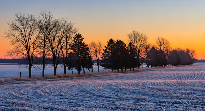 rural farmland sunrise with windbreak trees and frost on ground
