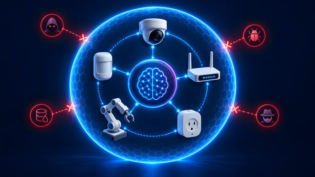 Artificial intelligence network security shield protecting industrial IoT devices and smart home technology from external cyber attacks and hackers