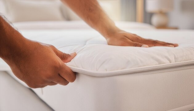Close-up of a person tucking a white bedsheet tightly under the mattress, hands carefully smoothing wrinkles from the fabric.