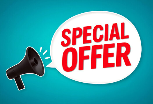 Announcement graphic featuring special offer speech bubble with megaphone illustration for promotional marketing campaigns