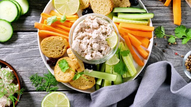 tuna dip bowl served with fresh vegetables sticks and crackers platter top view