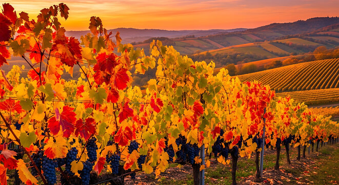vineyard hills sunset with grape leaves turning autumn colors