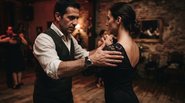 Man dance instructor and woman dancing tango together in dim ballroom. Elegant couple in passionate close embrace at milonga night. Romance, dance and traditional Argentine tango culture concept.