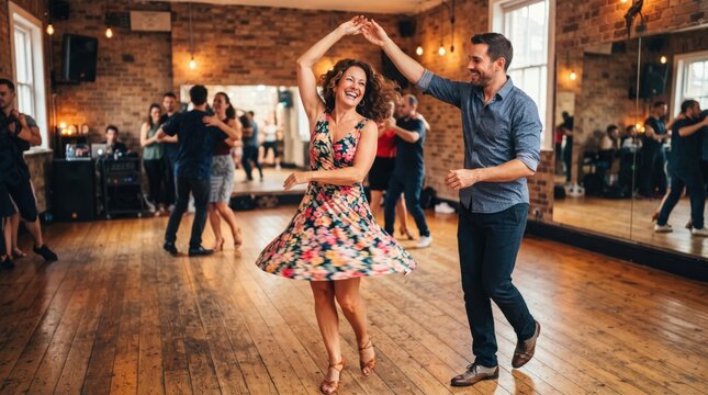 Happy man and woman dancing together in dance studio. Couple enjoying salsa or swing class with smiling people practicing in background. Joy of social dancing, hobby and active lifestyle concept.