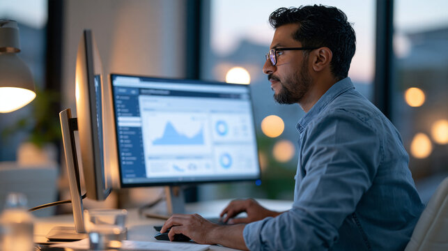 Young man data scientist uses a desktop monitor displaying a data visualization dashboard to analyze customer behavior patterns, seated at a modern office desk, casual professional