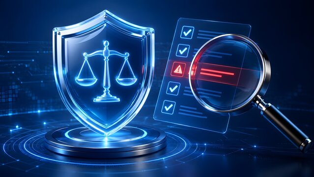 Glowing blue security shield with scales of justice and magnifying glass inspecting a digital checklist for legal compliance and cyber law